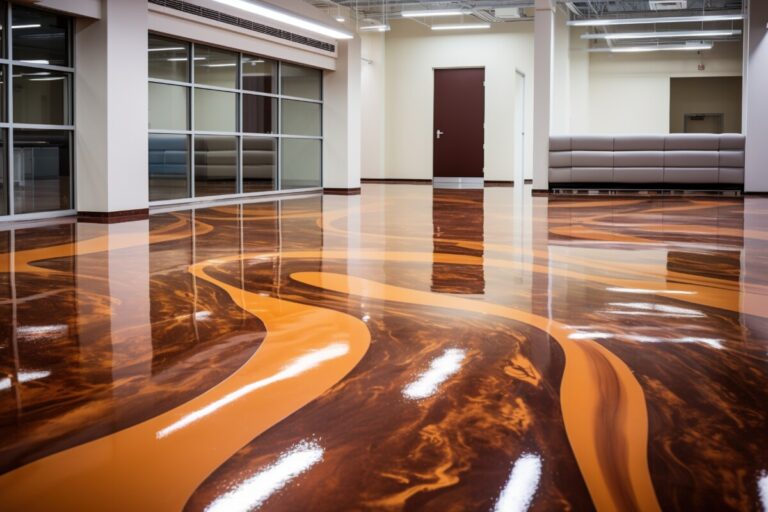 Brown epoxy floor in a large space in a company.