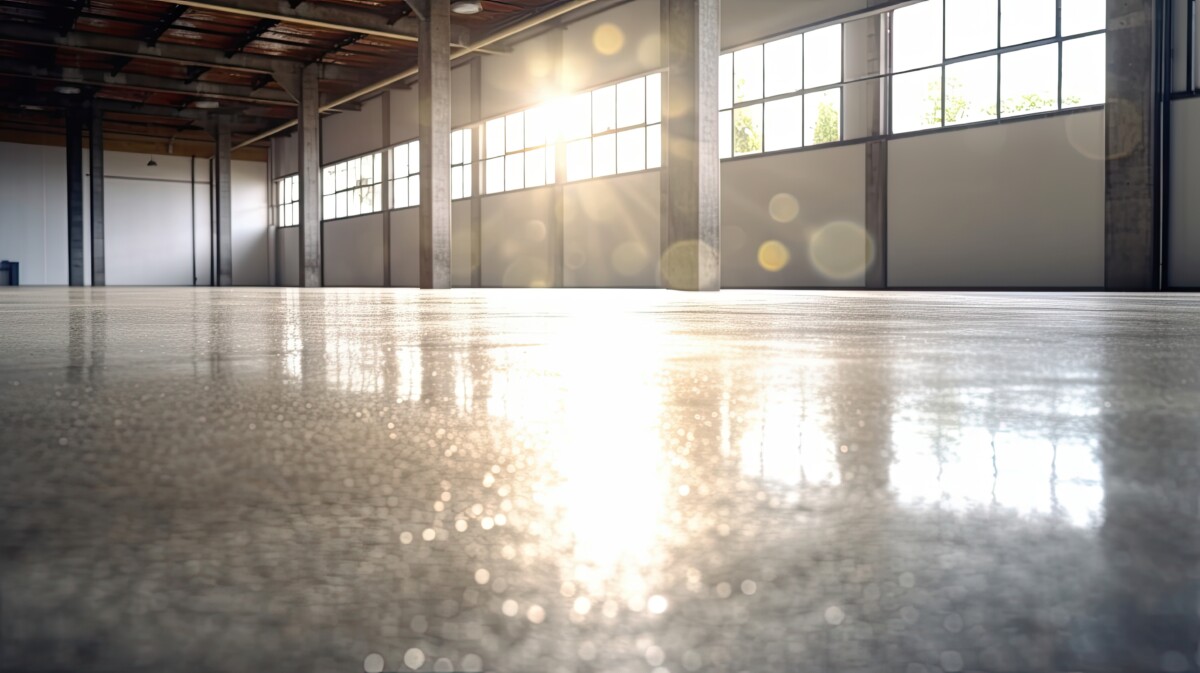 Empty of Modern factory for manufacturing production plant or large warehouse. Polished concrete floor clean condition and space for industry product.