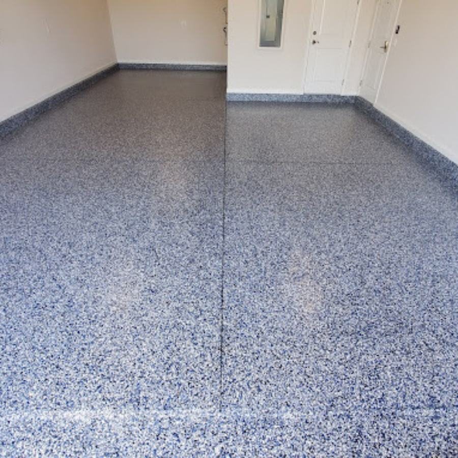 Finished blue flake epoxy garage floor by Apex in Charleston, SC