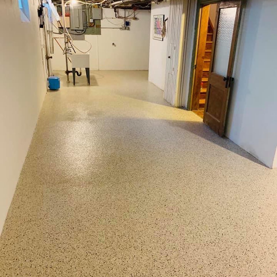 Tan flake epoxy basement floor by Apex
