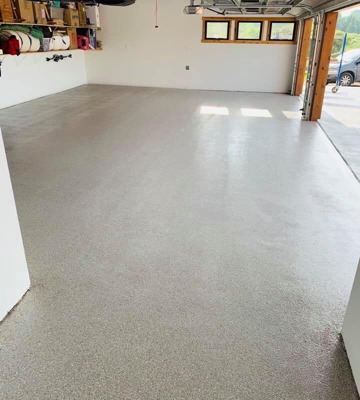 Finished gray flake epoxy garage floor by Apex