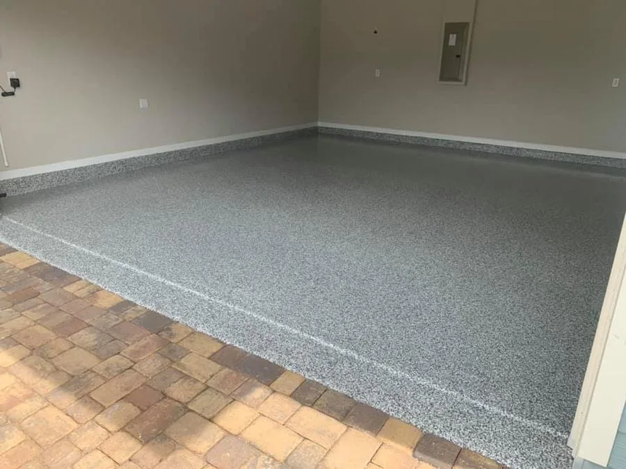 Finished gray flake epoxy garage floor after Apex install in Charleston, SC — Lowcountry residential