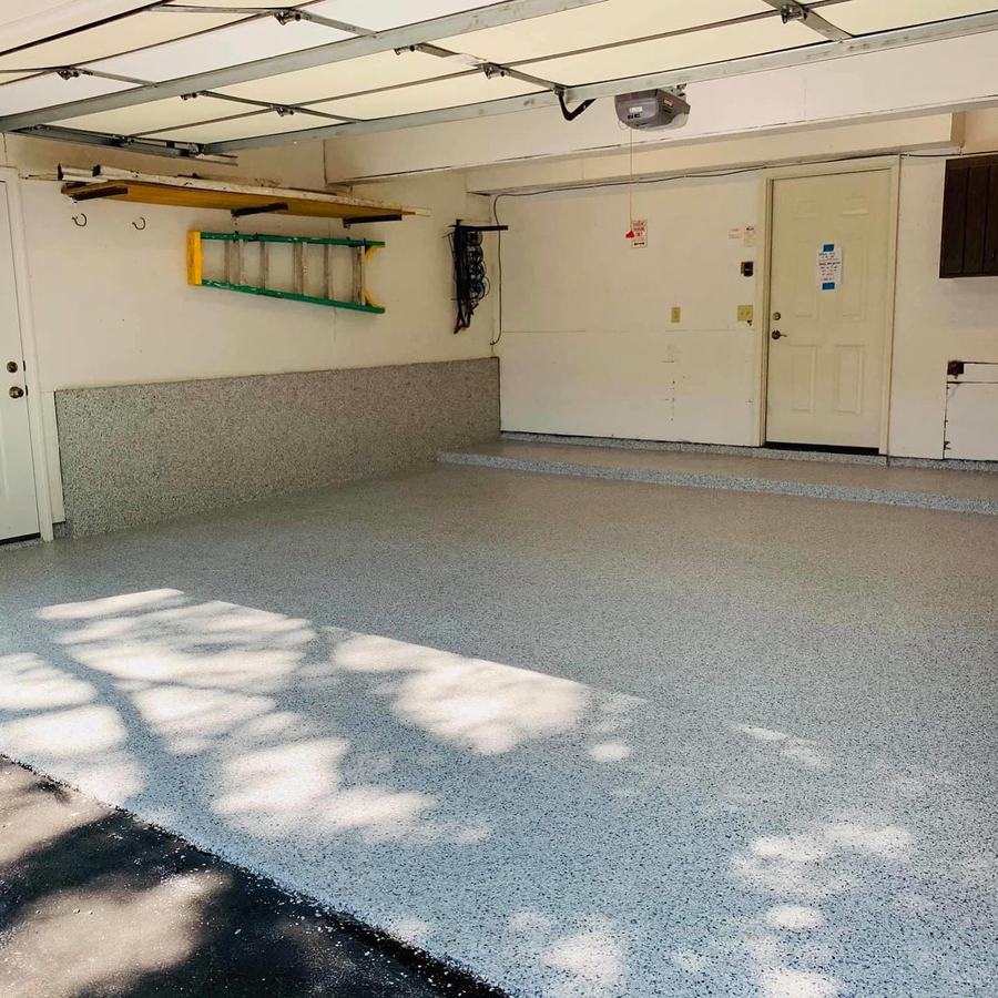 Finished light gray flake epoxy garage floor after Apex install in Charleston, SC