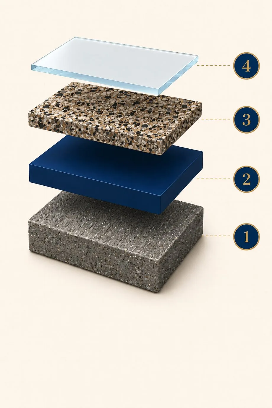 Cross-section of a professionally installed commercial floor coating: prepared concrete, epoxy basecoat, vinyl flake, and polyaspartic topcoat