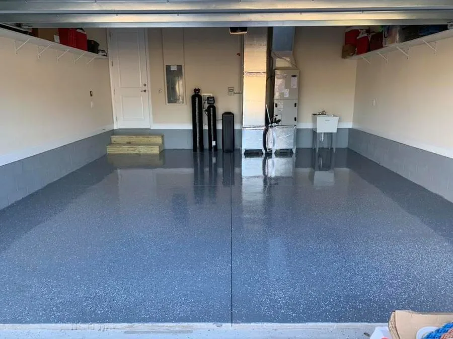 Finished gray flake epoxy garage floor after Apex install in Atlanta, GA