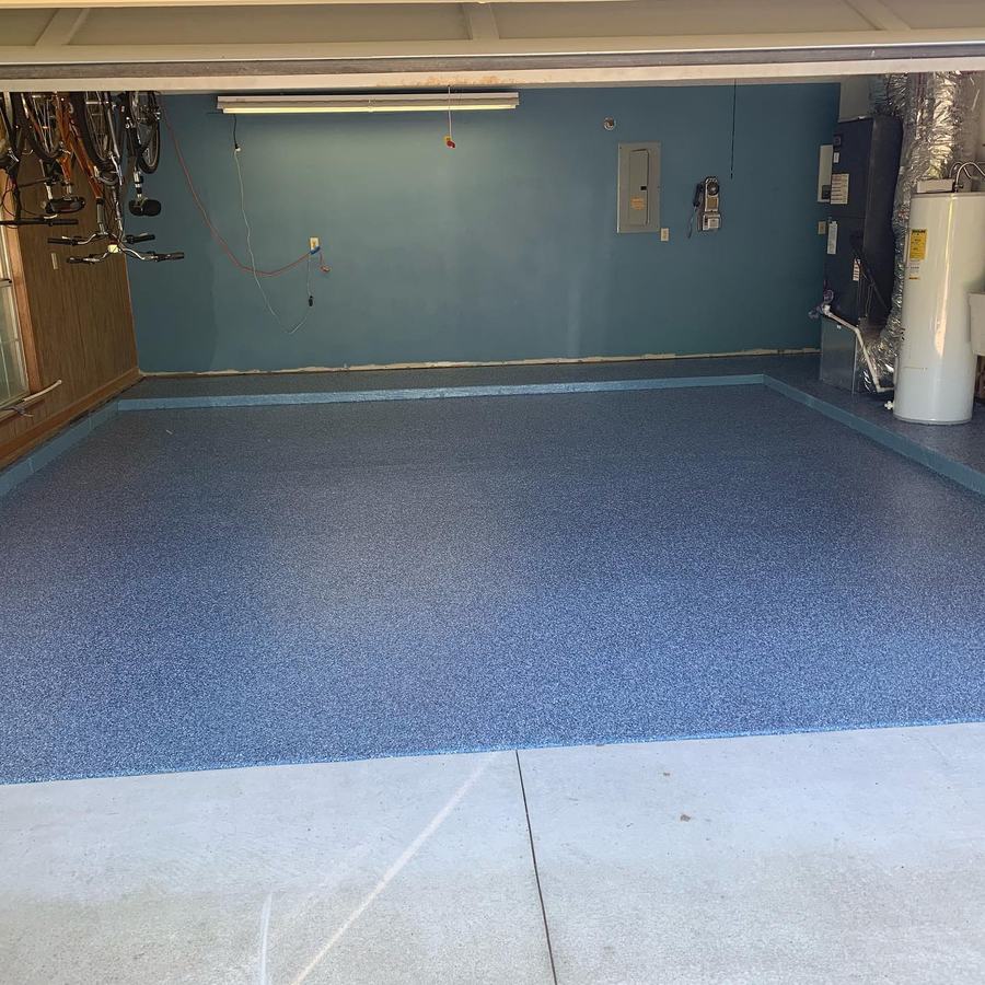 Finished blue flake epoxy garage floor after Apex install in St. Petersburg, FL