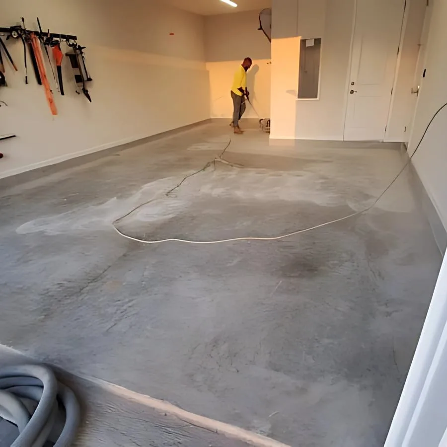 Bare concrete garage slab with Apex crew mid-prep before install in Charleston, SC