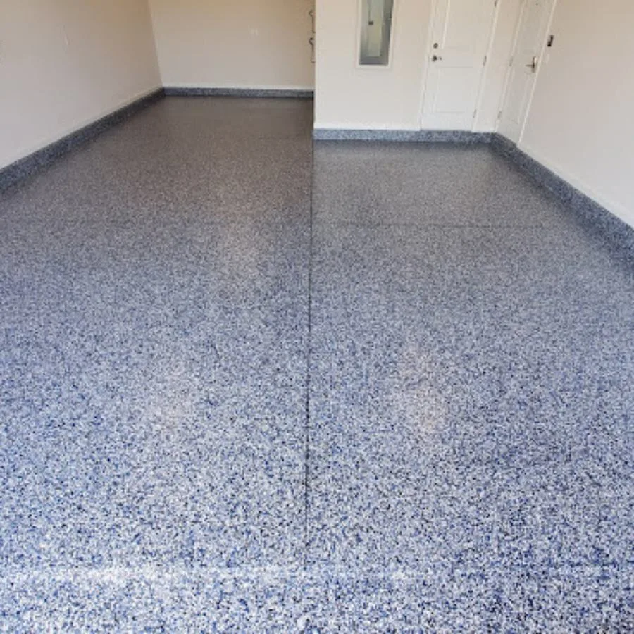Finished blue flake epoxy garage floor after Apex install in Charleston, SC