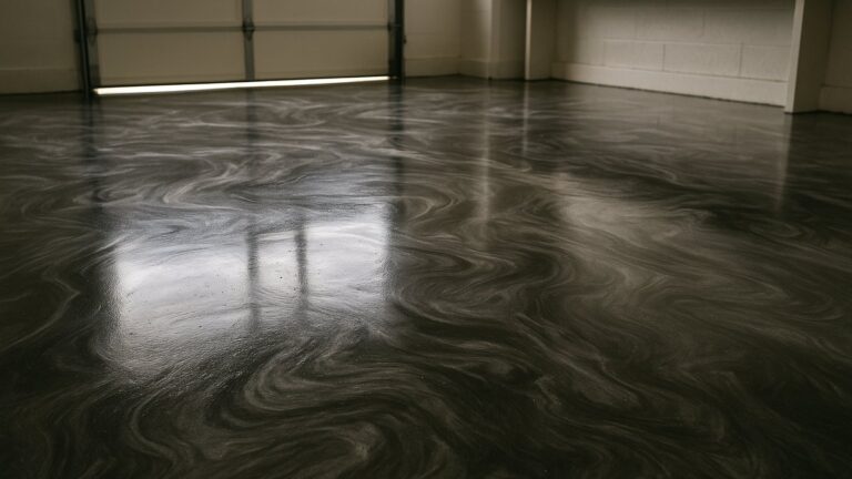 Metallic epoxy garage floor with a swirling charcoal, pewter and silver pattern