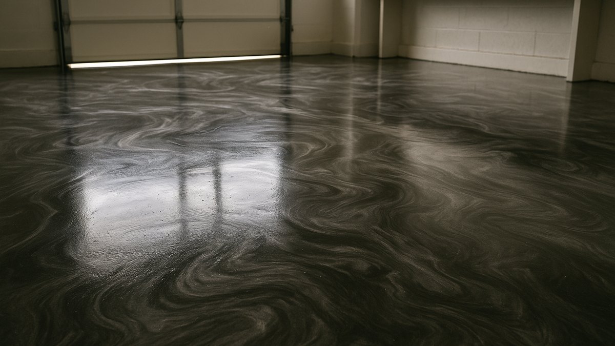 Metallic epoxy garage floor with a swirling charcoal, pewter and silver pattern