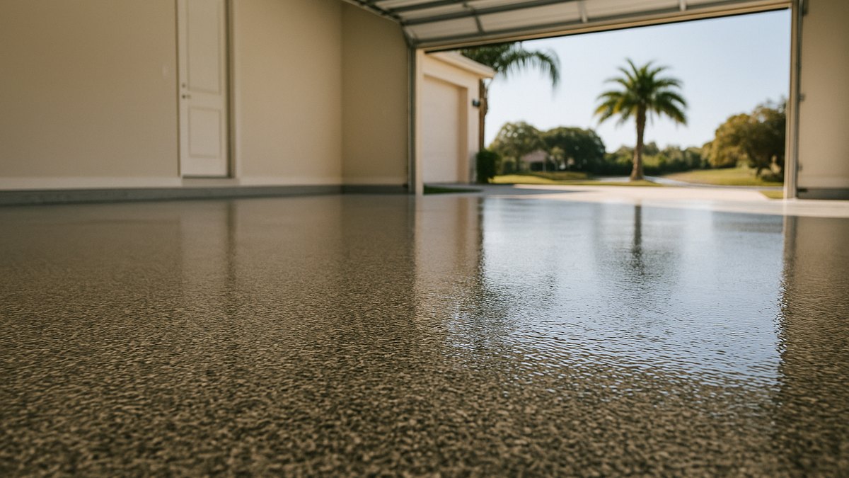 Best garage floor coating for a sunny Florida garage: a full-broadcast grey and black flake system under a glossy clear topcoat, with light through the open door