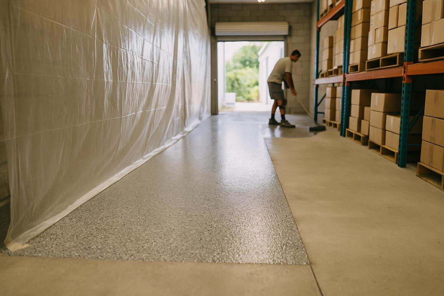Gray flake floor coating installed in one zone of a Florida warehouse while plastic sheeting keeps the rest of the floor open