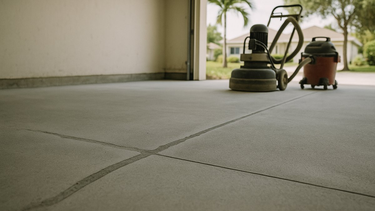 Garage concrete floor diamond ground for a coating, with a long crack chased, filled and ground flush beside a saw-cut control joint